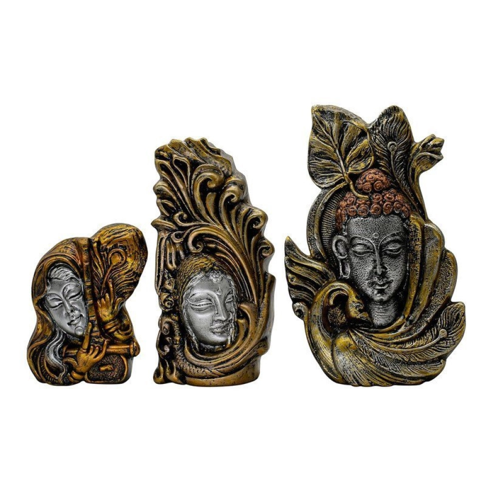 Decorative Buddha Statue Set of 3, Antique Gold and Silver Finish, 4.5-6.5 Inch Height